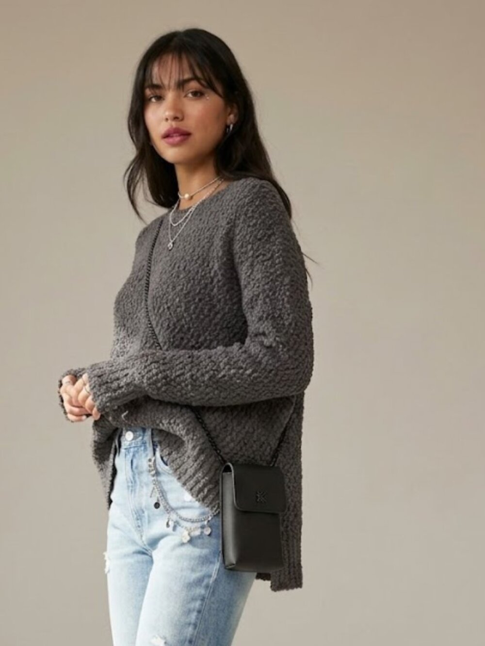 Hollister Popcorn Knit Oversized Chunky Sweater High-Low Hem XS/S
